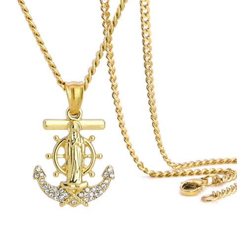 Anchor Mary Virgin Pendant 24" Cuban Chain Hip Hop Style 18k Gold Stainless Steel