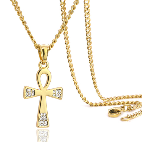 Ankh Pendant 24" Cuban Chain Hip Hop Style 18k Gold Stainless Steel