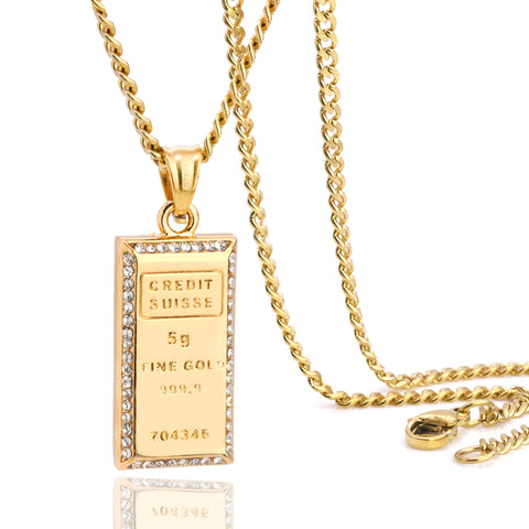 5G Brick Pendant 24" Cuban Chain Hip Hop Style 18k Gold Stainless Steel