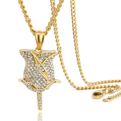 Rose Fully Iced Pendant 24" Cuban Chain Hip Hop Style 18k Gold Stainless Steel