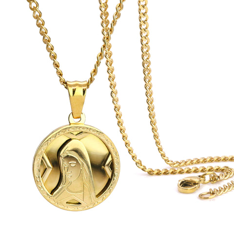 Mary Virgin Medallion Pendant 24" Cuban Chain Hip Hop Style 18k Gold Stainless Steel