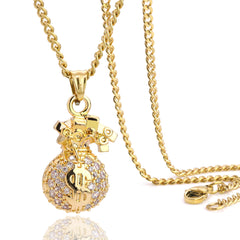 Money Bag Pendant 24" Cuban Chain Hip Hop Style 18k Gold Stainless Steel