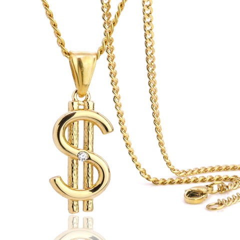 Money Sign Pendant 24" Cuban Chain Hip Hop Style 18k Gold Stainless Steel
