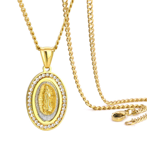 Oval Virgin Guadalupe Pendant 24" Cuban Chain Hip Hop Style 18k Gold Stainless Steel