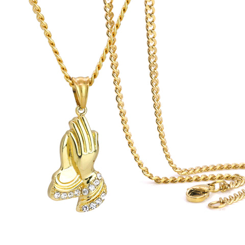 Praying Hands Pendant 24" Cuban Chain Hip Hop Style 18k Gold Stainless Steel