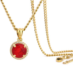 Red Round Ruby Pendant 24" Cuban Chain Hip Hop Style 18k Gold Stainless Steel
