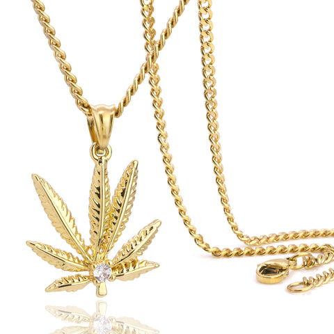 Marijuana Leaf Pendant 24" Cuban Chain Hip Hop Style 18k Gold Stainless Steel