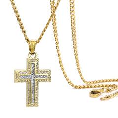 Voided Stardust Cross Pendant 24" Cuban Chain Hip Hop Style 18k Gold Stainless Steel