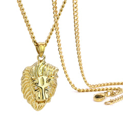 Lion Head Pendant 24" Cuban Chain Hip Hop Style 18k Gold Stainless Steel