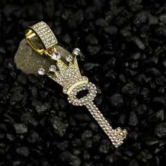 OG Crowned Key Pendant Rope Necklace Chain Men's Hip Hop 18k Cz Jewelry