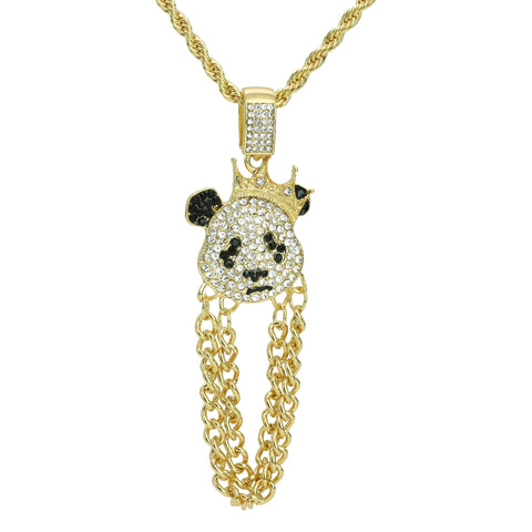 Two Chains Panda Pendant Rope Necklace Chain Men's Hip Hop 18k Cz Jewelry