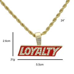 Hip Hop Loyalty Block Pendant 18k Gold Plated Rope Necklace with Cubic Zirconia Simulated Diamond for Men Women