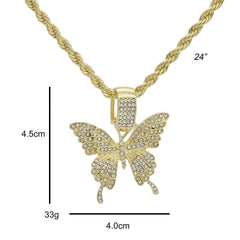 Hip Hop Butterfly Pendant 18k Gold Plated Rope Necklace with Cubic Zirconia Simulated Diamond for Men Women
