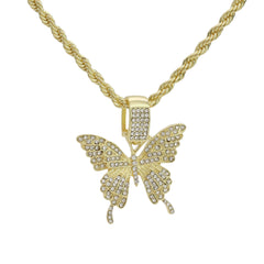Hip Hop Butterfly Pendant 18k Gold Plated Rope Necklace with Cubic Zirconia Simulated Diamond for Men Women