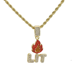 Lit Fire Pendant Rope Necklace Chain Men's Gold Hip Hop 18k Cz Jewelry