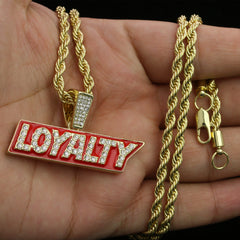 Hip Hop Loyalty Block Pendant 18k Gold Plated Rope Necklace with Cubic Zirconia Simulated Diamond for Men Women