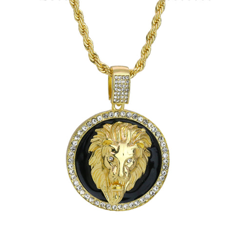 Iced Black Round Lion Face Pendant 24"Rope Chain Hip Hop Style 18k Gold Plated