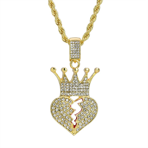 Iced Crown Broken Heart Pendant 24"Rope Chain Hip Hop Style 18k Gold Plated