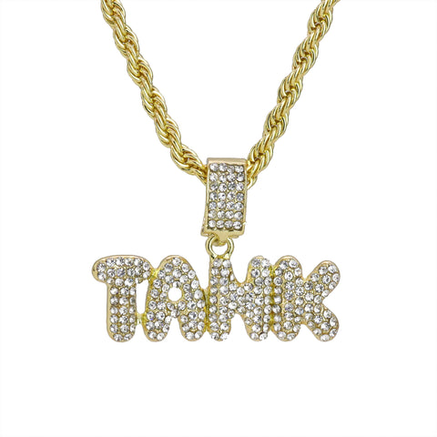 Iced Tank Letter Pendant 24"Rope Chain Hip Hop Style 18k Gold Plated