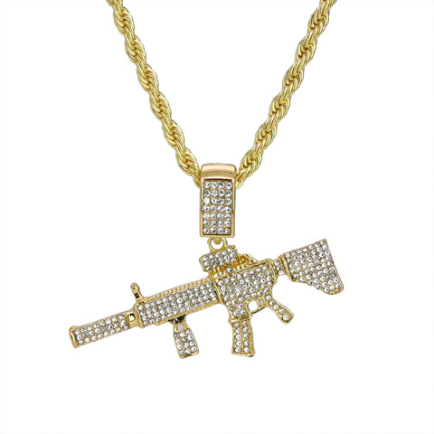 Iced AR Rifle Pendant 24"Rope Chain Hip Hop Style 18k Gold Plated Necklace