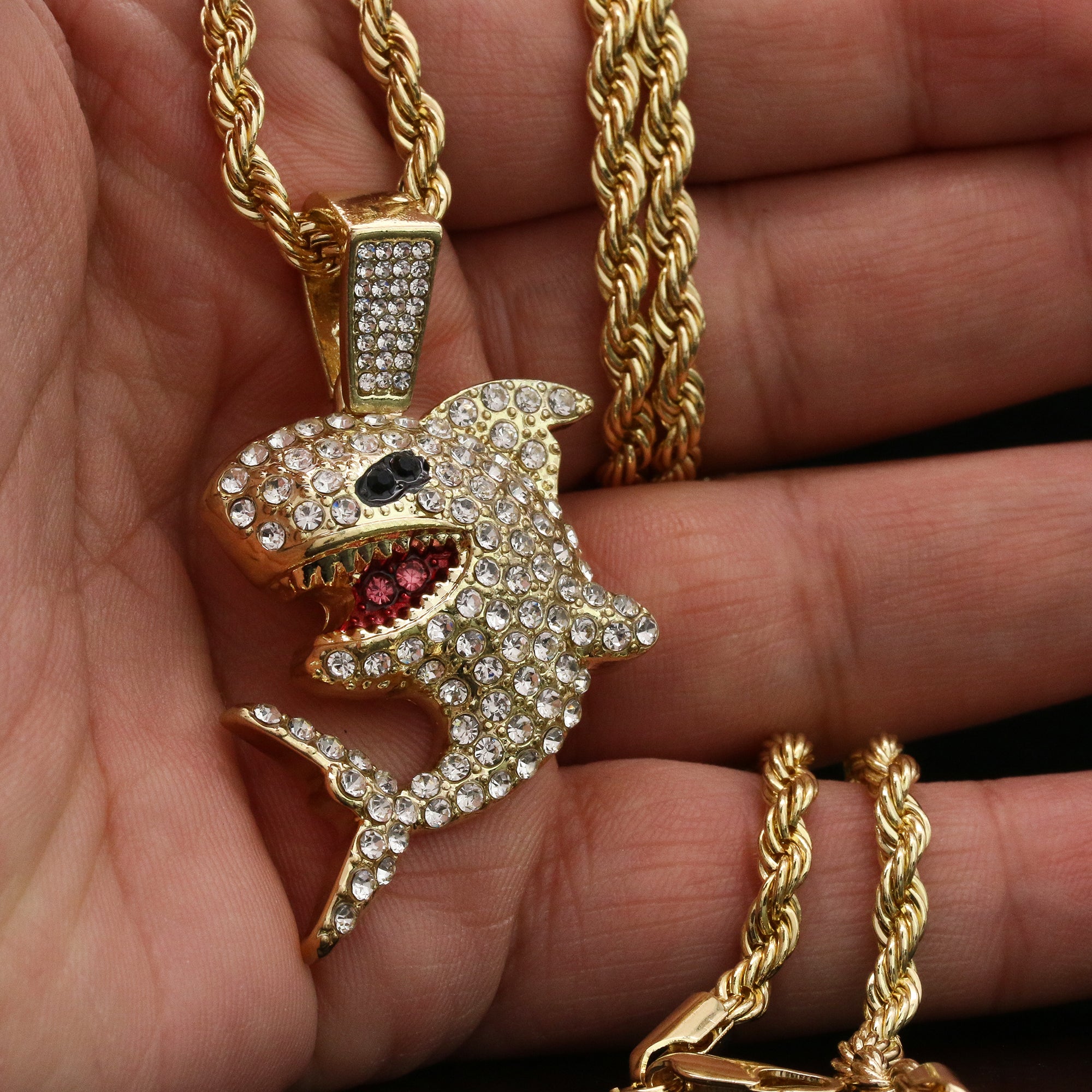 Shark Flooded Pendant Rope Necklace Chain Men's Gold Hip Hop 18k Cz Jewelry