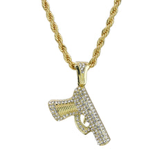 Iced Pistole Pendant 24"Rope Chain Hip Hop Style 18k Gold Plated Necklace