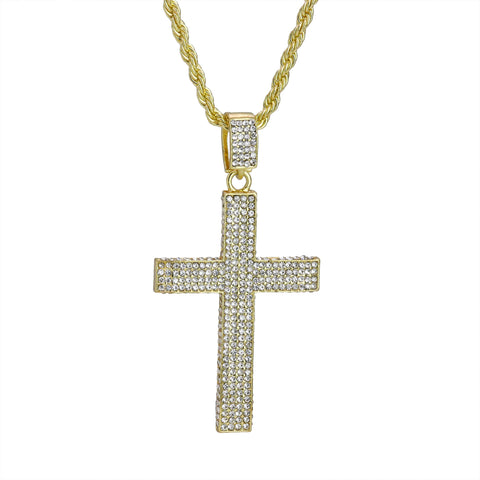 Cz Long 4 Row Cross Pendant 24" Rope Chain Hip Hop Style 18k Gold Plated