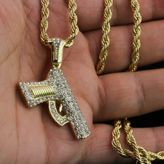 Iced Pistole Pendant 24"Rope Chain Hip Hop Style 18k Gold Plated Necklace