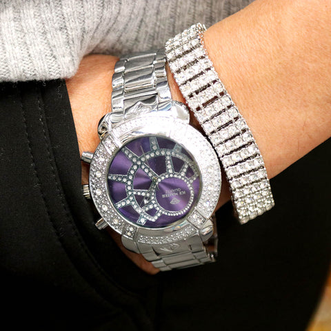 White Gold Ice Out Ice Master Watch & Bracelet SET 8 Purple Face