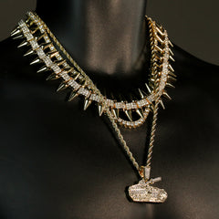 High Fashion Gold Plated AAA Spiky Chain Tennis Chains & Cz No Limit Tank Pendant