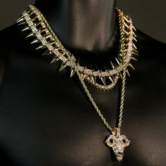 High Fashion Gold Plated AAA Spiky Tennis Chains & Cz Goat Head Red Eyes Pendant