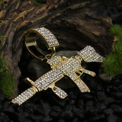 Iced AR Rifle Pendant 24"Rope Chain Hip Hop Style 18k Gold Plated Necklace