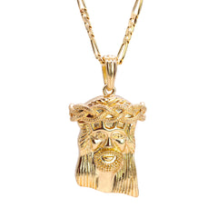 Jesus Crown Plain Pendant 24" Figaro Chain Hip Hop Style 18k Gold Plated