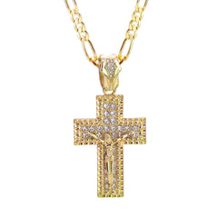 M1 Jesus Cross Iced Pendant 24" Figaro Chain Hip Hop Style 18k Gold Plated