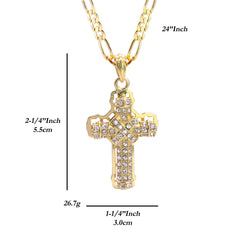 Hollow X Cross Iced Pendant 24" Figaro Chain Hip Hop Style 18k Gold Plated