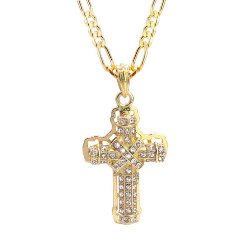 Hollow X Cross Iced Pendant 24" Figaro Chain Hip Hop Style 18k Gold Plated