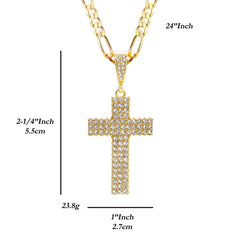 Prong Set Cz 3Row Cross Iced Pendant 24" Figaro Chain Hip Hop Style 18k Gold Plated