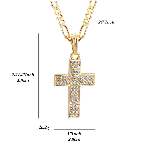 3 Row Cz Cross Pendant 24" Figaro Chain Hip Hop Style 18k Gold Plated