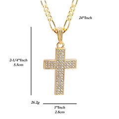 3 Row Cz Cross Pendant 24" Figaro Chain Hip Hop Style 18k Gold Plated