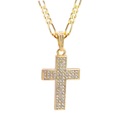 3 Row Cz Cross Pendant 24" Figaro Chain Hip Hop Style 18k Gold Plated