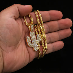 Exquisite Cactus Pendant Rope Necklace Chain Men's Hip Hop 18k Cz Jewelry