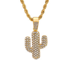 Exquisite Cactus Pendant Rope Necklace Chain Men's Hip Hop 18k Cz Jewelry