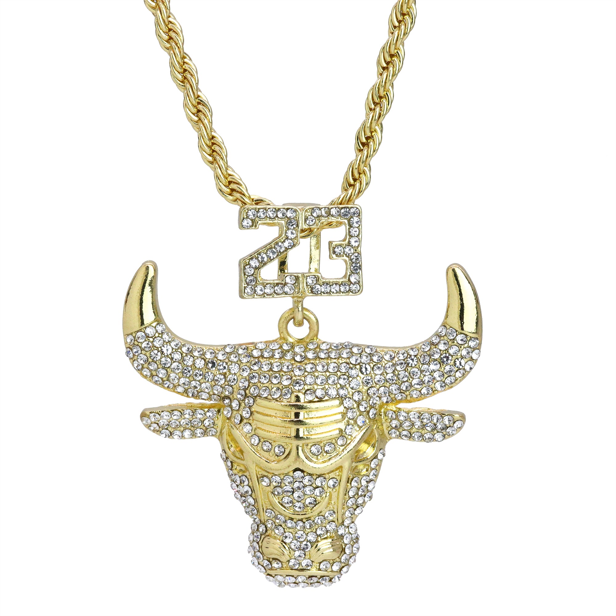 Iced Big 23 Bull Pendant 24"Rope Chain Hip Hop Style 18k Gold Plated
