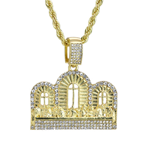 Iced Last Supper Temple Pendant 24"Rope Chain Hip Hop Style 18k Gold Plated