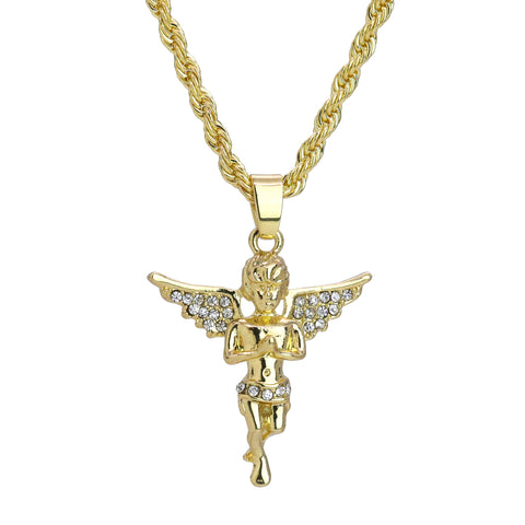 Iced Micro Praying Angel Pendant 24" Rope Chain Hip Hop Style 18k Gold PT