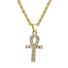 Iced Micro Egyptian Ankh Cross Pendant 24" Rope Chain Hip Hop Style 18k Gold PT