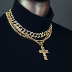 Jesus Cross 4 Pcs Set Clear Cz Cuban, Tennis & Rope Chain Bundle Gold PT