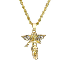 Iced Micro Dancing Angel Pendant 24" Rope Chain Hip Hop Style 18k Gold PT