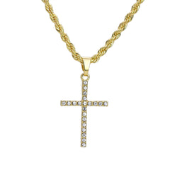 Iced Micro Thin 1 Line Cross Pendant 24" Rope Chain Hip Hop Style 18k Gold PT