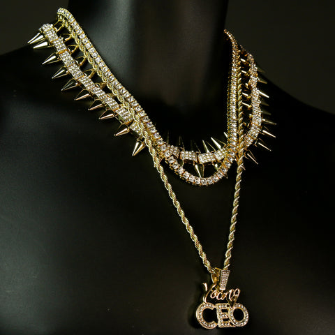 High Fashion Gold Plated AAA Spiky Chain Tennis Chains & Cz Young CEO Pendant